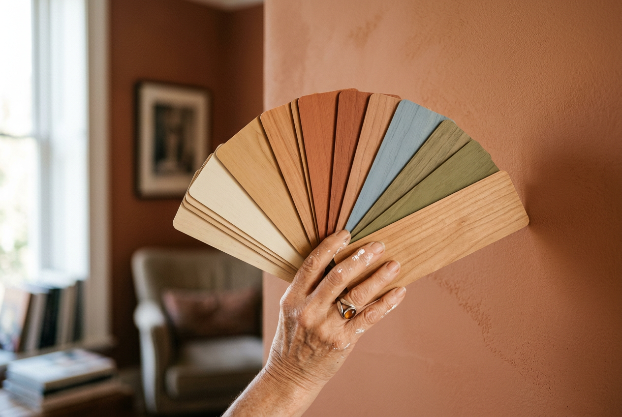 Maler-Hand mit Farbpalette vor warmer Wand